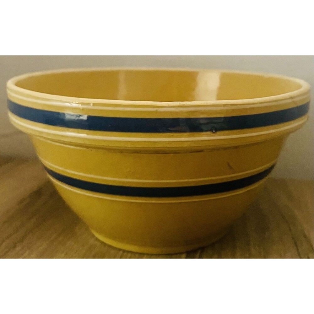 Antique yellow ware mixing bowl with blue and white bands 9 Inch 1920s